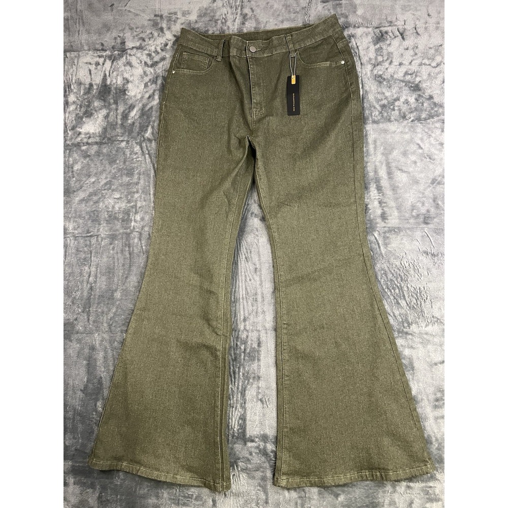 GILIPUR Women's Green Denim Flared Bootcut Stretch Pants Pockets XXL 30in
